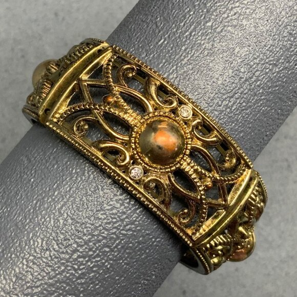 Vintage Jewelry - Vintage Stretch Bracelet 7 In Gold Scroll Rhinestone Copper Dome Swirl Bling